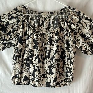 Lucky Brand Black and Ivory Puff Sleeve Blouse